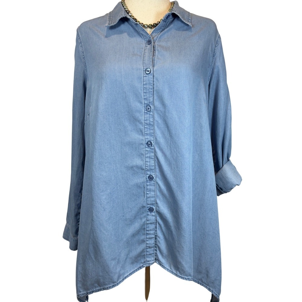 Zac Rachel Chambray Tunic Top L Button Front Roll Tab Sleeve Lyocell Lagenlook - Picture 5 of 10